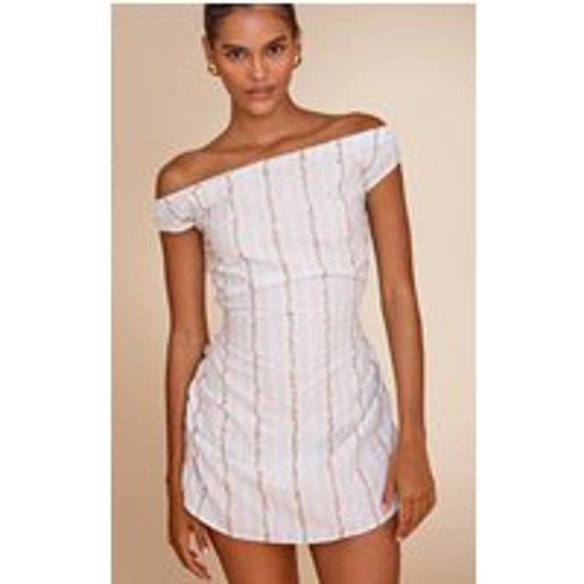 Pastel Blue Stripe Ditsy Print Bardot A-Line Dress, Pastel Blue - 12