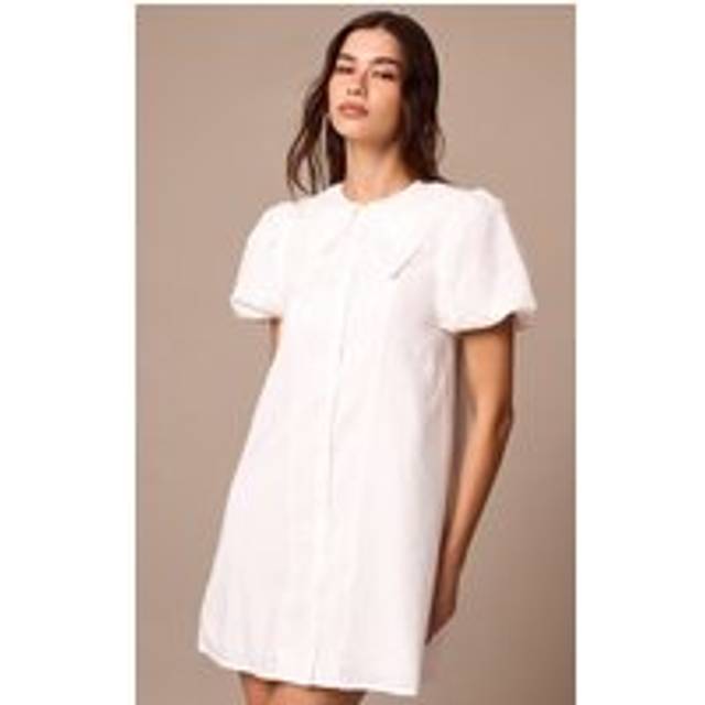 White Embroidered Cotton Lace Trim Puff Sleeve Shirt Dress, White - 10