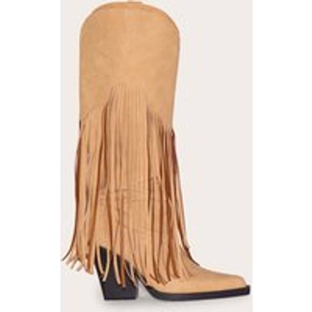 Tan Faux Suede Point Toe Fringed Heel Knee High Western Boots, Brown - 3