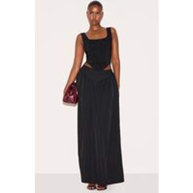 Black Dipped Waist Structured A Line Maxi Skirt, Black - 14