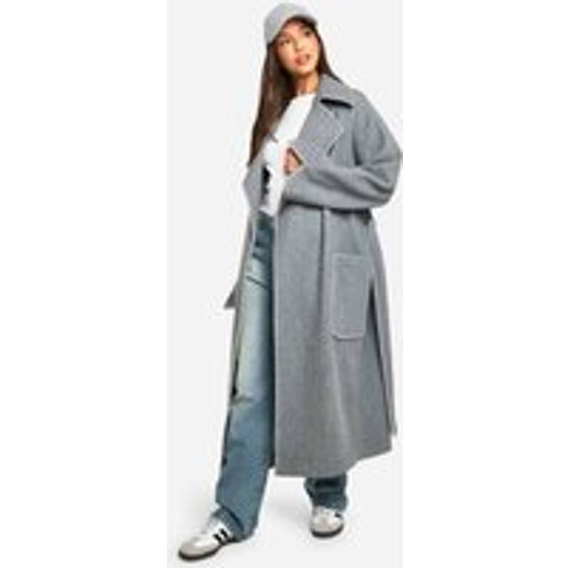 Womens Contrast Stitch Belted Wool Look Coat - Grey - 10, Grey