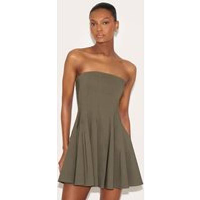 Khaki Stretch Woven Bandeau Pleated Shift Dress, Green - 16