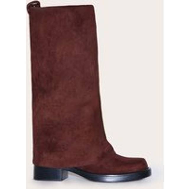 Chocolate Faux Suede Block Heeled Fold Over Knee High Boots, Chocolate - 8