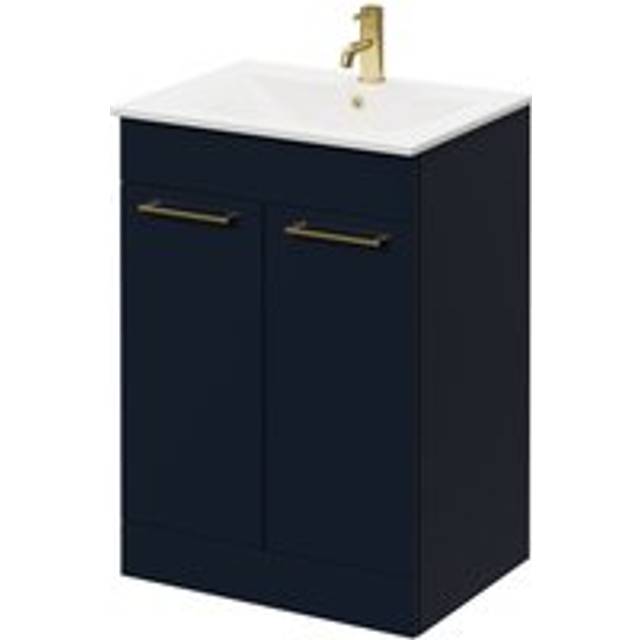 Napoli Floor Standing Vanity Unit with 1 Tap Hole Minimalist Basin and 2 Doors with Brushed Brass Handles | Deep Blue | MDP | 600mm