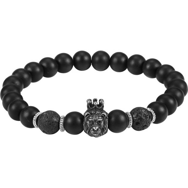 Men Beaded Black Lion  Head Charm Bracelet Stone Bead Bangle Fashion Jewelry