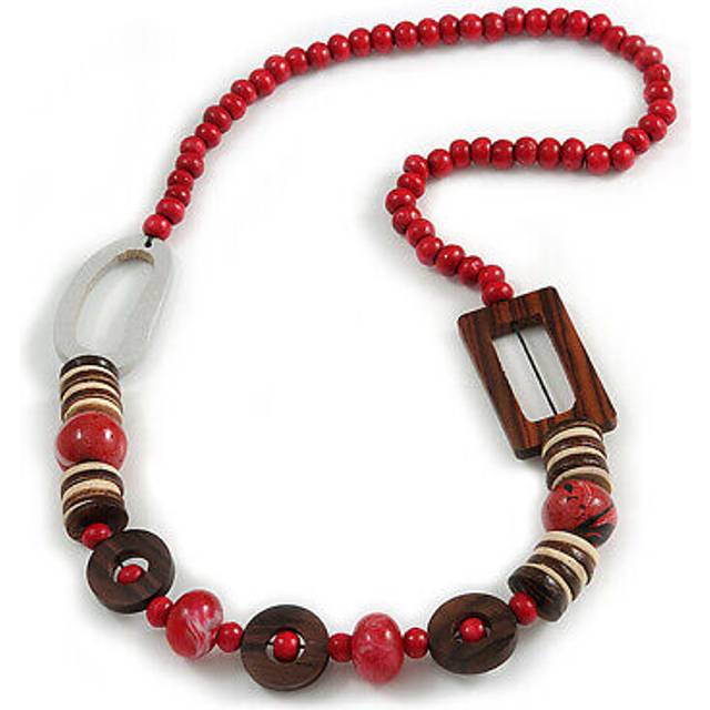 Trendy wood, acrylic bead geometric chunky necklace (red/ brown) - 70cm l