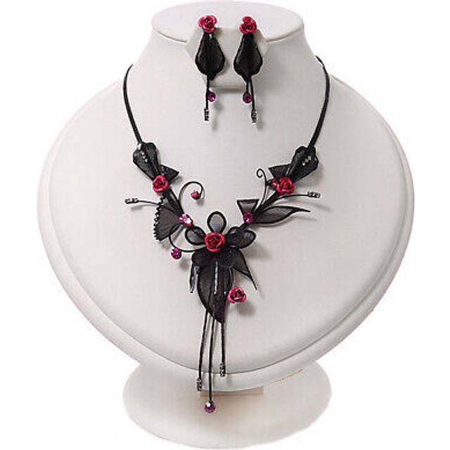 Charming y-shape pink rose necklace & drop earring set in black metal