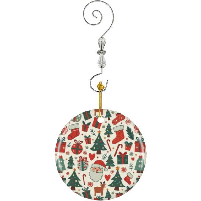 (Christmas Wonderland Graphic Print With Santa, Bulbs, Presents, And Reindeer_3843) Christmas Ornaments Ceramic with Crystal Hook Xmas Handmade Tree D