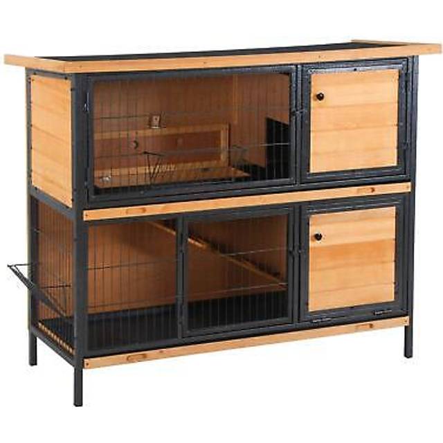 Pawhut 2-story wooden metal rabbit hutch bunny cage w/ ramp feeding trough