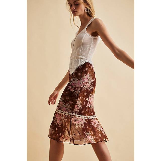 Romantic Roses Printed Midi Skirt in Chocolate Combo, Size: US 2