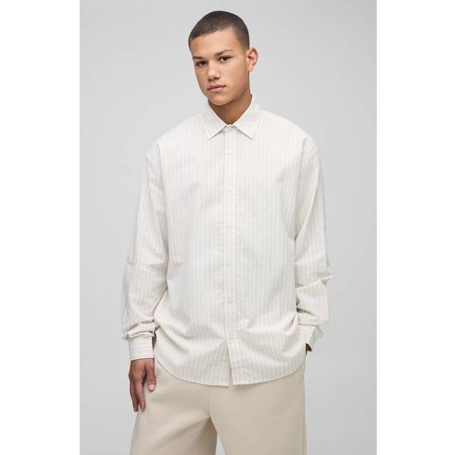 Super Oversized Linen Look Striped Collared Shirt - Beige - S