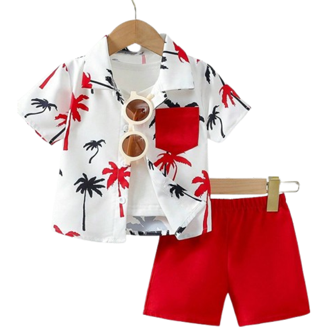 SHEIN Baby Boys&#39; Casual Palm Tree Print Short Sleeve Shirt And Shorts Set, Suitable For Holiday Summer