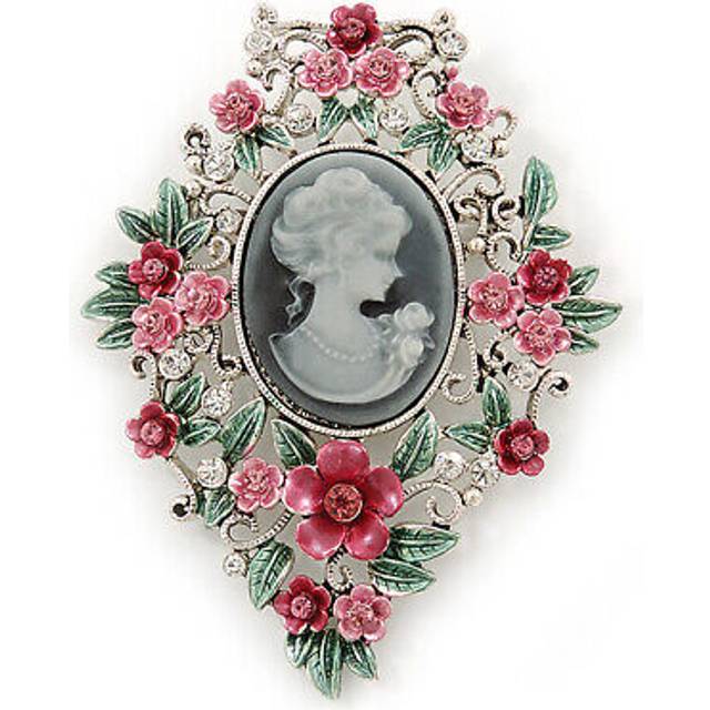 Pink/ green floral cameo brooch in silver tone - 70mm l