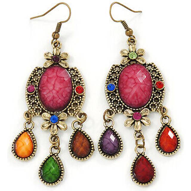 Multicoloured acrylic bead chandelier earrings in antique gold tone - 75mm l