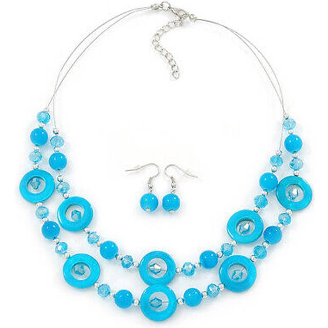 Light blue shell & glass, crystal floating bead necklace & drop earring set -