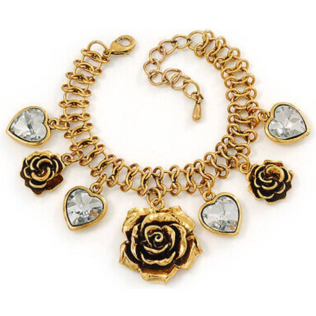 Vintage 'rose&heart' mesh charm bracelet in burn gold metal - 17cm length/ 4cm