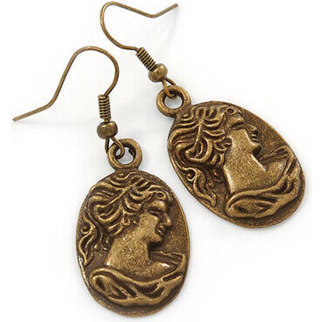 Bronze tone oval cameo drop earrings - 45mm l