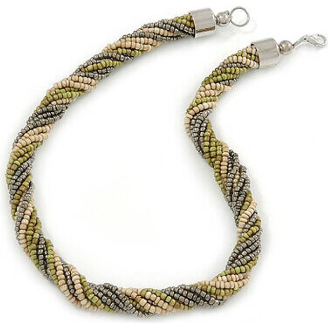 Chunky multistrand glass bead twisted necklace with silver tone closure (olive,