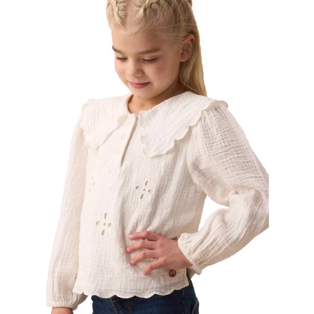 Angel & Rocket Kids' Emma Cape Collar Embroidered Cotton Top, Ivory