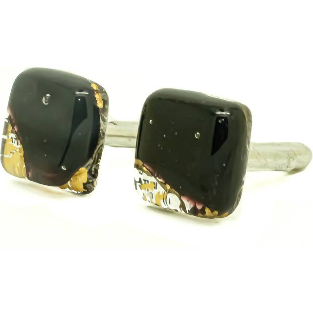 Murano glass cufflinks black dark purple gold millefiori venice square wedding