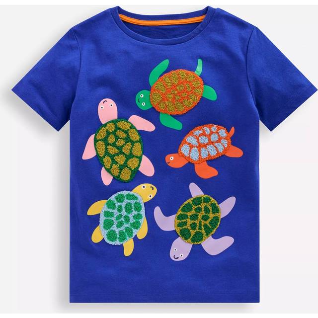 Mini Boden Kids' Boucle T-Shirt, Bright Blue Turtles