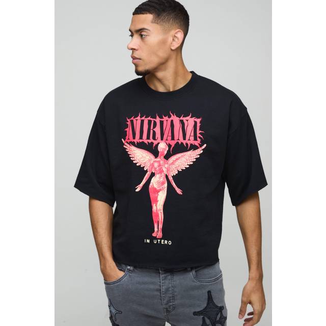 Oversized Half Sleeve Raw Hem Nirvana License Print Sweatshirt - Black - M