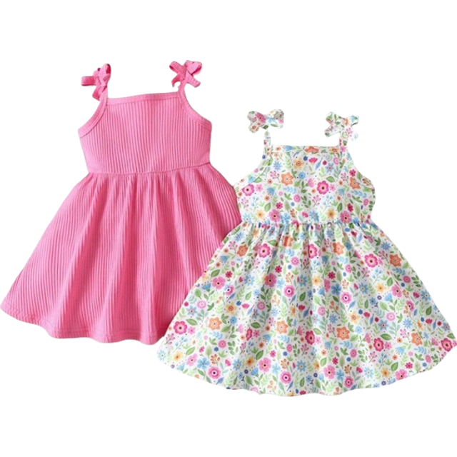 SHEIN 2pcs Baby Girls&#39; Casual Solid Color & Ditsy Floral Strap Dress, Perfect For Spring & Summer