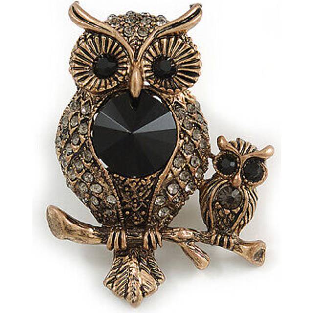 Vintage inspired mother and baby owl crystal brooch in antique gold tone - 50mm