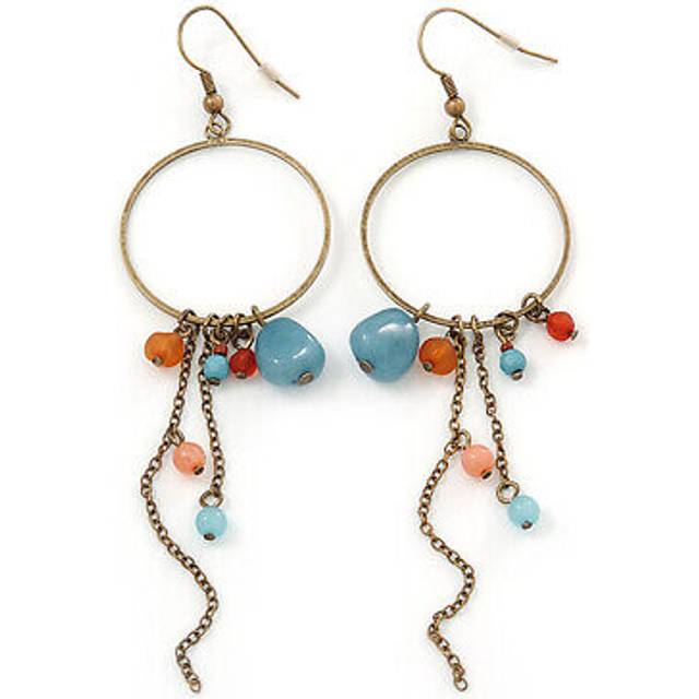 Antique gold semiprecious bead, chain hoop earrings - 12cm length