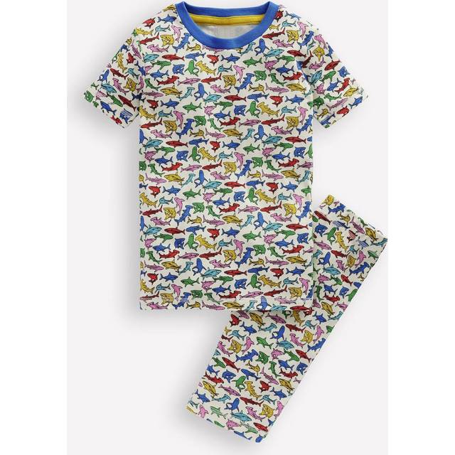 Mini Boden Kids' Cotton Snug Short John Pyjama Set, Multi Sharks
