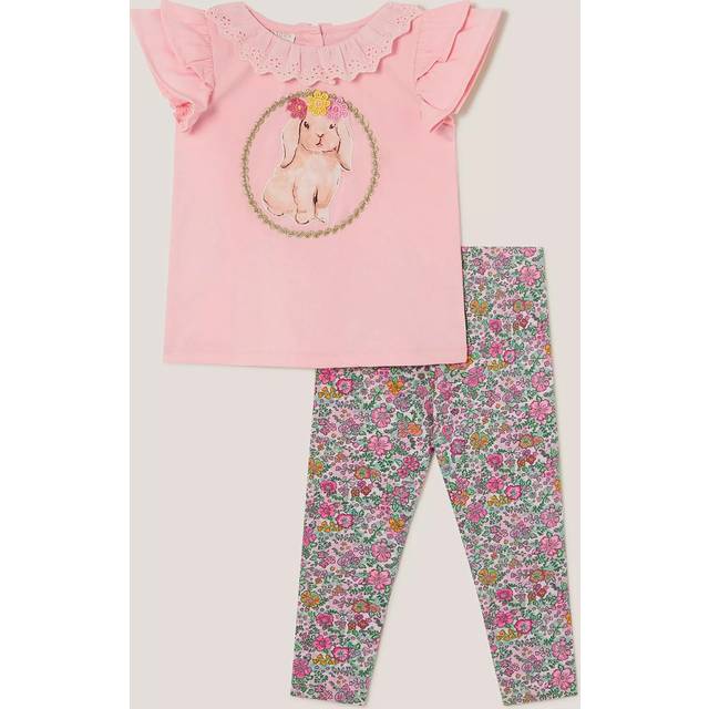 Monsoon Baby Cotton Bunny T-Shirt & Floral Leggings, Pink/Multi