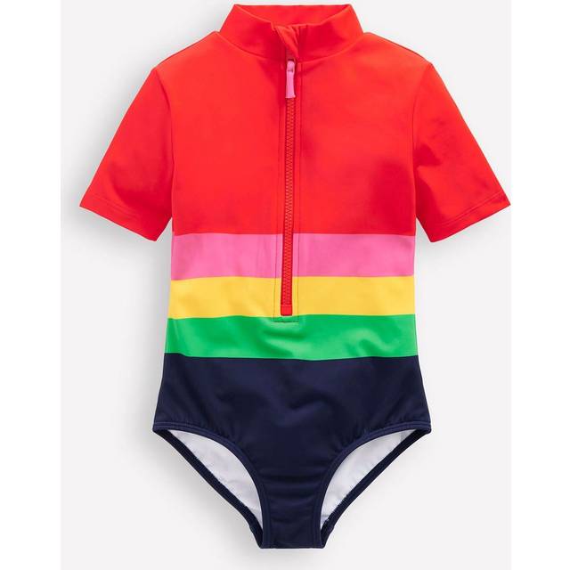 Mini Boden Kids' Stripe Short Sleeve Swimsuit, Red/Multi