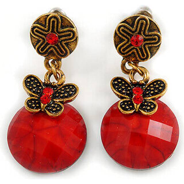 Delicate red acrylic bead butterfly drop earrings in antique gold metal - 4cm