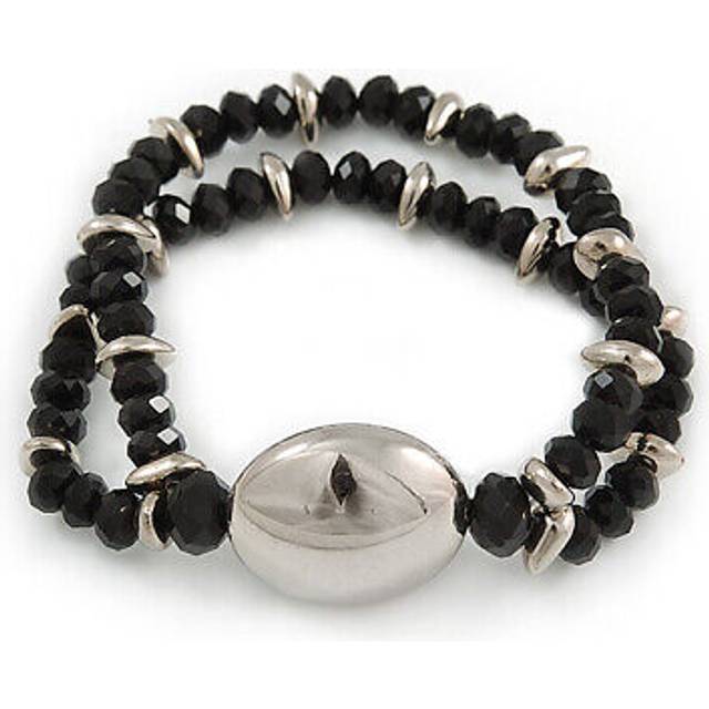 Fancy 2 strand black glass and silver metal beads flex bracelet - 17cm l