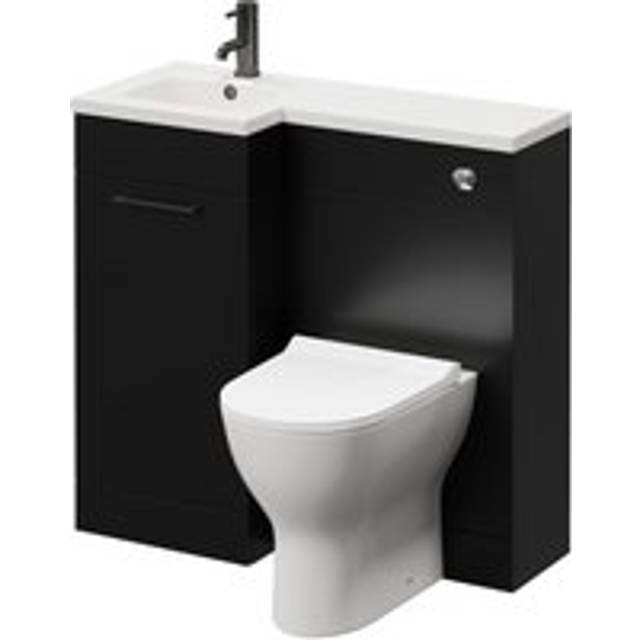 Napoli Combination Vanity Unit Toilet Suite with Left Hand L Shaped 1 Tap Hole Round Basin and Single Door with Gunmetal Grey Handle | Matt Black | Plastic | 900mm