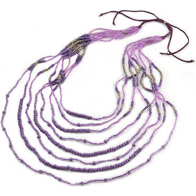 Long multistrand lavender, pink, plum glass bead suede cord necklace -