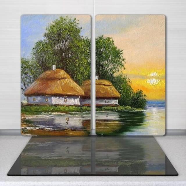Glass worktop saver kitchen chopping board oil painting countryside hut 2x30x52