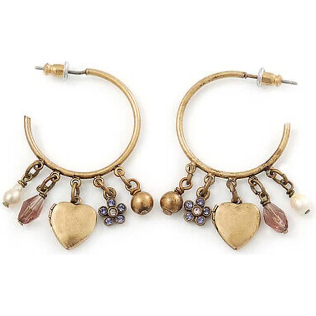 Medium vintage inspired antique gold tone hoop earrings with heart, flower,