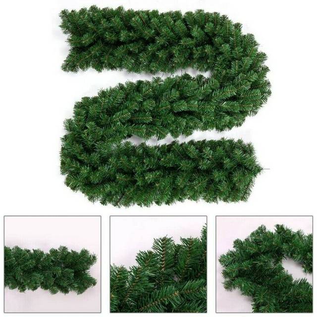 (Green) 9FT Christmas Garland LED Lights Up Xmas Wreath Fireplace Door Decor