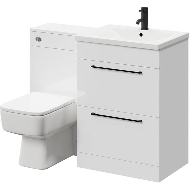 Napoli Vanity Unit Toilet Suite with 1 Tap Hole Basin and 2 Drawers with Matt Black Handles | Gloss White | Plastic | 1100mm