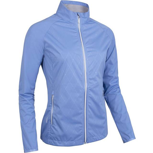 Ladies Full Zip Lightweight Stretch Water Repellent Golf Jacket Light Blue Diamond Print/Silver M