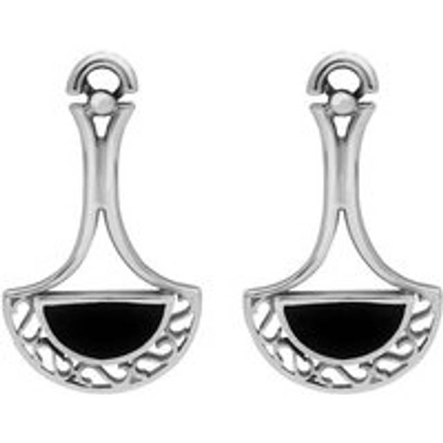 Sterling Silver Whitby Jet Heritage Pierced Fan Drop Earrings - Silver