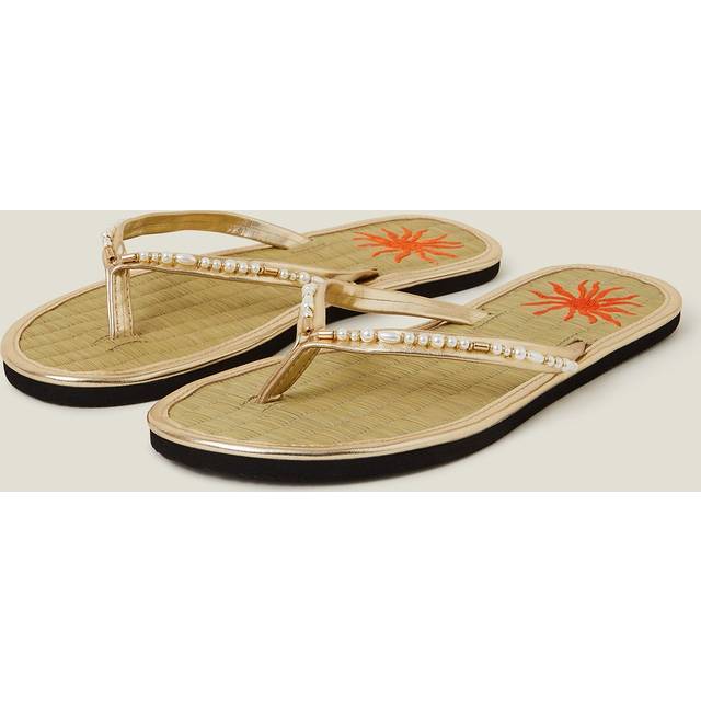 Sun Embroidered Seagrass Flip Flops Gold, Size: L - Accessorize