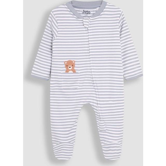 JoJo Maman Bébé Baby Bear Embroidered Footed Pocket Zip Sleepsuit, Blue