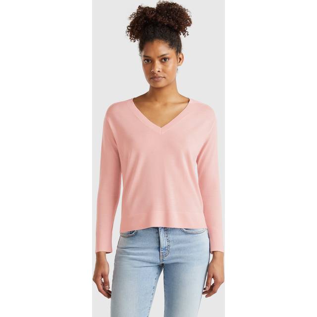 Benetton, Sweater With V-neck In Pure Merino Wool, size S, Pink, Women