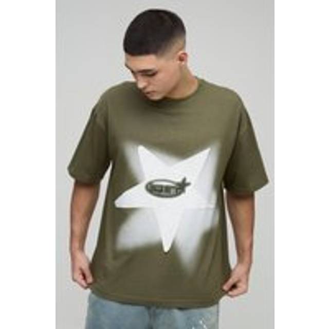 Oversized Extended Neck Star Applique Graphic T-Shirt - Green - L