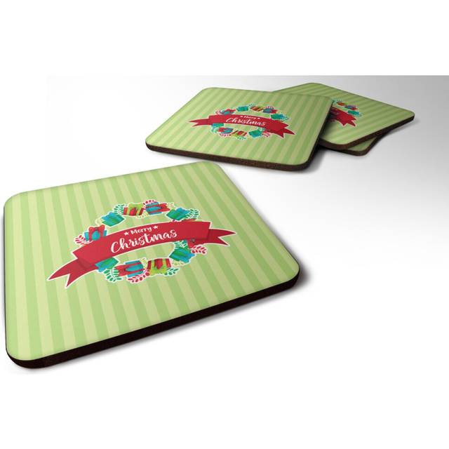 """""Caroline's Treasures Christmas Wreath Presents green Foam Coaster Set of 4  3.5  Multicolor"""""