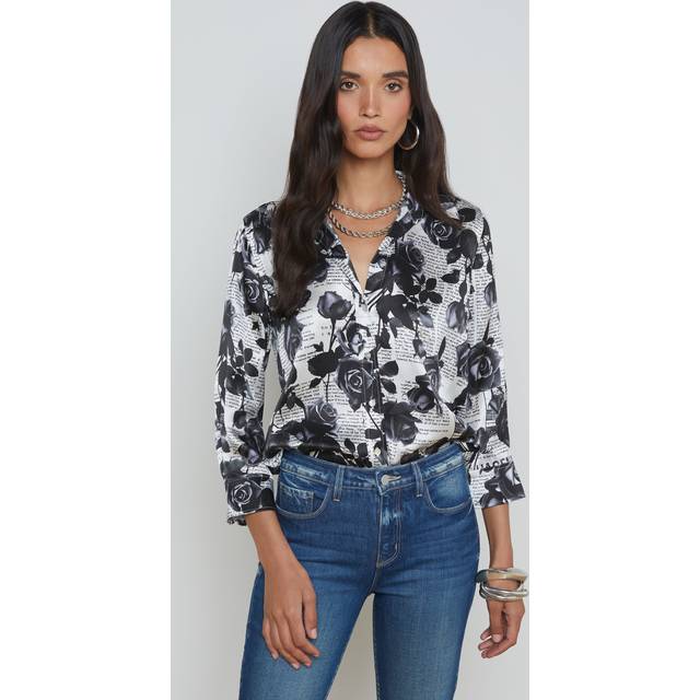 L'AGENCE Dani Silk Blouse Top In White/Black Rose Newspaper - XS