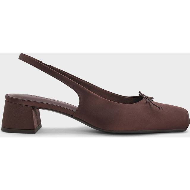 Charles & Keith - Satin Bow Square-Toe Slingback Pumps - Dark Brown - UK 3