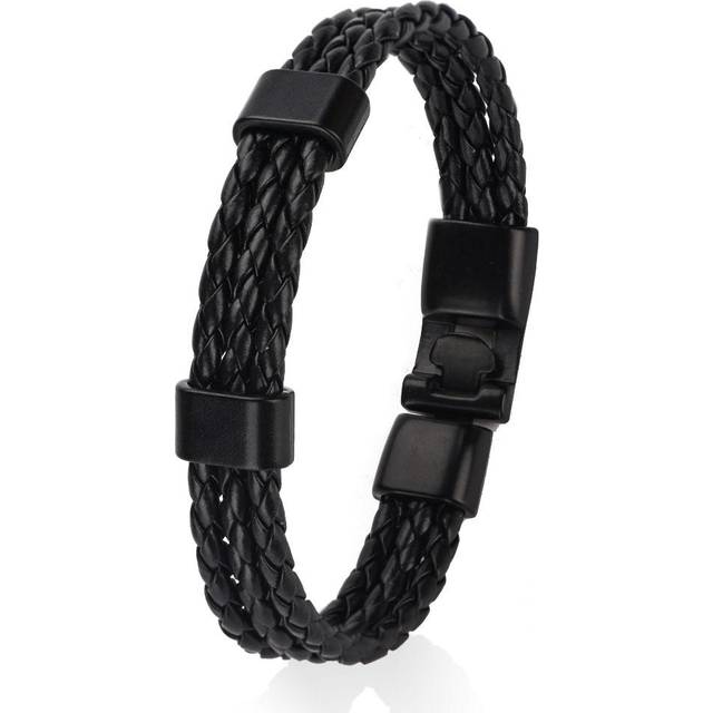Men Male PU Strap Alloy Buckle Knitting Knitted Multilayer Bracelet Wristband (Black)